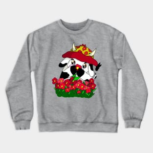 kawaii cow in a cute hat with red poppies Crewneck Sweatshirt